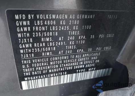2014 Volkswagen Tiguan R-Line/S/Se/Sel z USA, uszkodzony, nr VIN WVGAV3AX1EW547510
